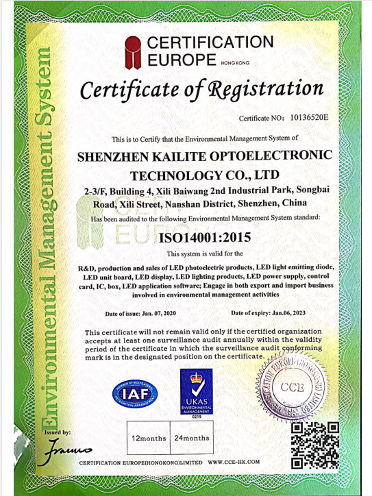 China SHENZHEN KAILITE OPTOELECTRONIC TECHNOLOGY CO., LTD Certificaten